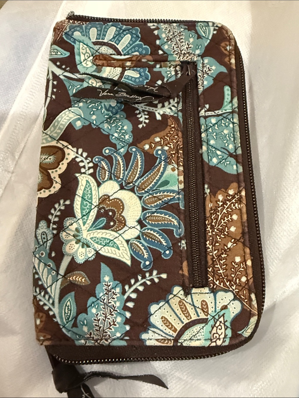 Quilted Floral Zip Around Wallet - Brown Turquoise "Java Blue" pattern - Picture 6 of 7